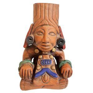 Vintage Folk Art Mayan Aztec God Mexico Pottery Terracotta Statue Vase Colorful